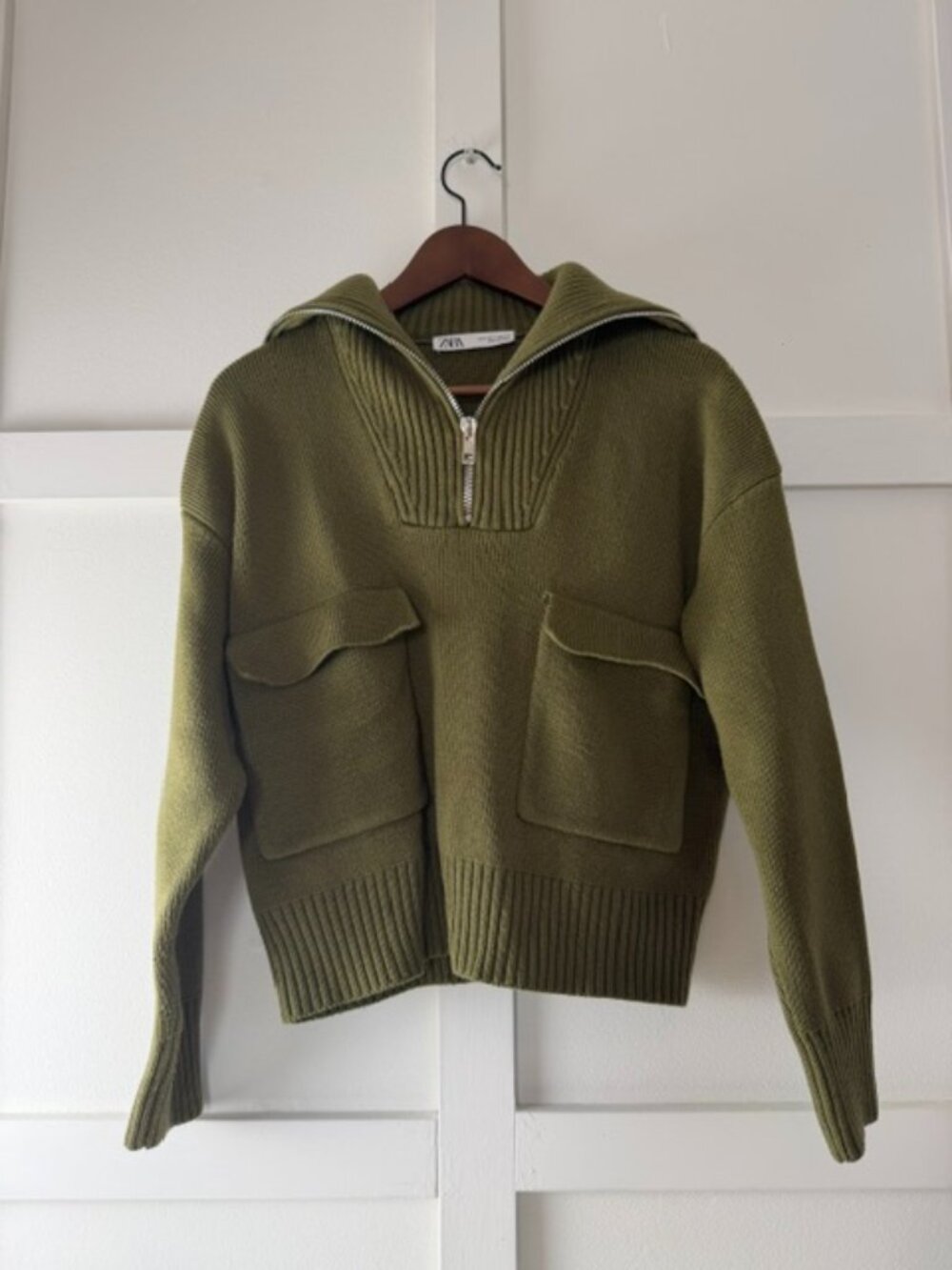 Zara Olive Green Knit Half-Zip Pocket Sweater